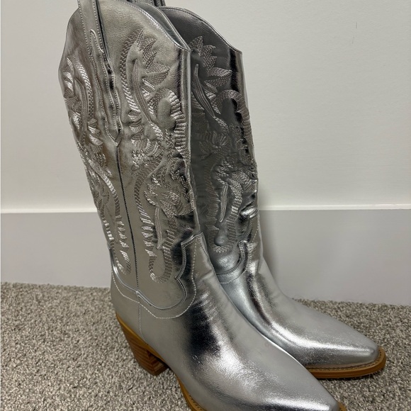 Women Western Cowboy Boots Pointed Toe Silver Metallic Cowgirl Women's Size 7 8 - Picture 6 of 14